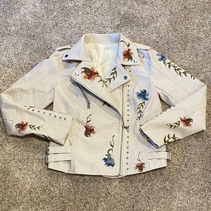White/Cream Leather Jacket with Floral Embroidery - S